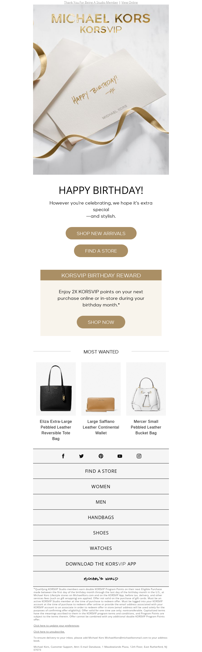 Happy Birthday Emails Examples | wiiv.ai |  Elegant Birthday Email Campaign: Michael Kors