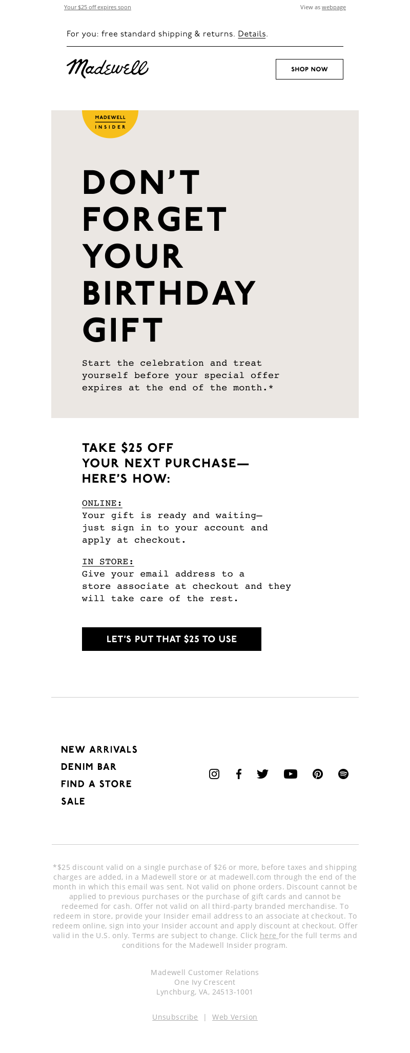 Happy Birthday Emails Examples | wiiv.ai | Reminder-Driven Birthday Email Campaign: Madewell