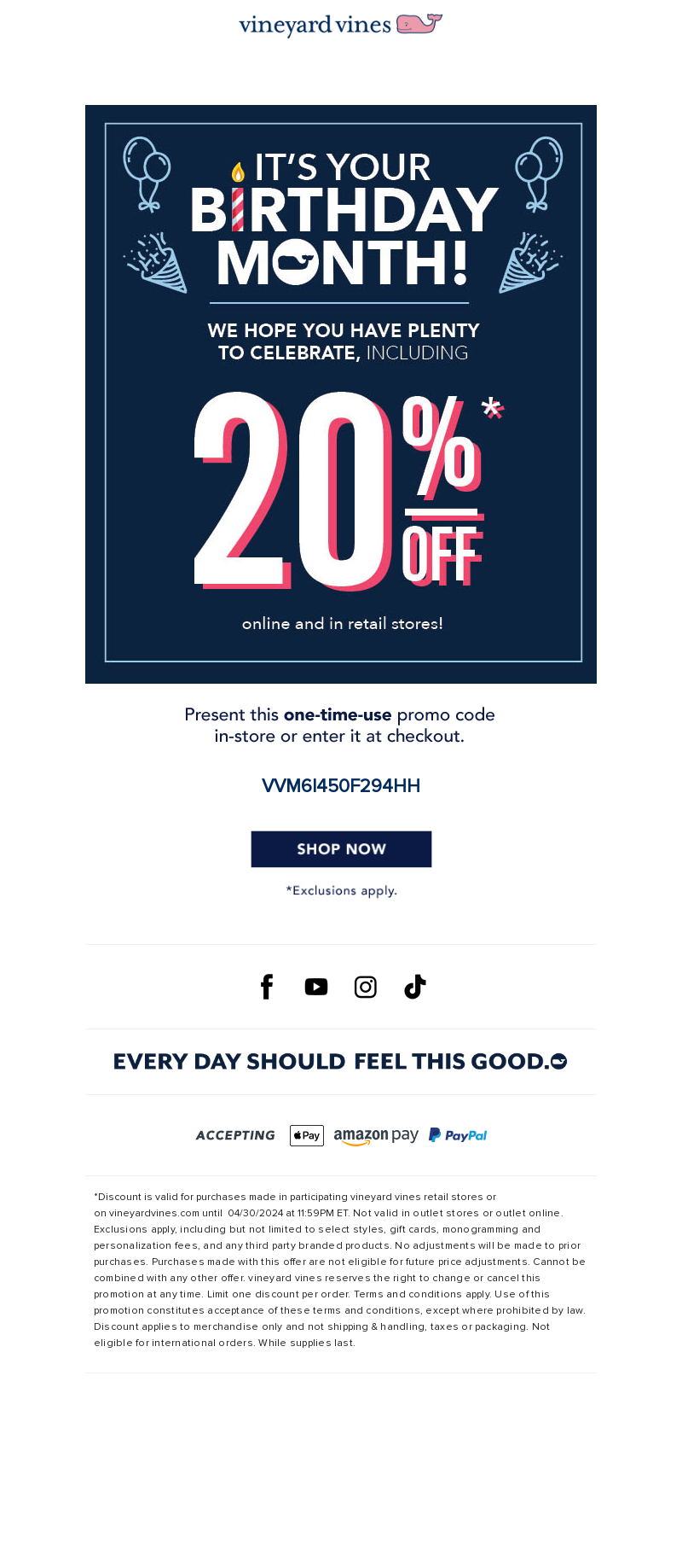 Happy Birthday Emails Examples | wiiv.ai | Discount-Focused Birthday Email Campaign: Vineyard Vines